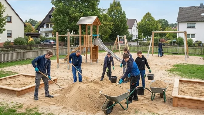Gemeinsam stark für unsere Kinder - 16 Tonnen Spielsand am Spielplatz Dorfgemeinschaftshaus verteilt